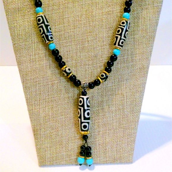 Black Onyx Howlite and Ceramic Bead Y Drop Long Beaded Necklace * - Picture 1 of 4